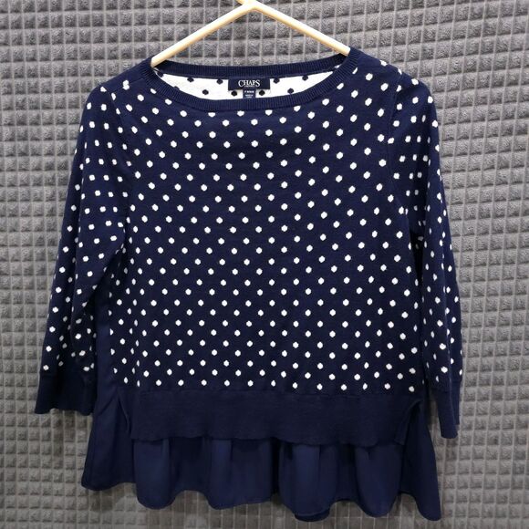 Navy Polka Dot Ruffle Sweater SzM 3/4 Sleeve Preppy Coastal Cottage Soft Stretch - Picture 1 of 13